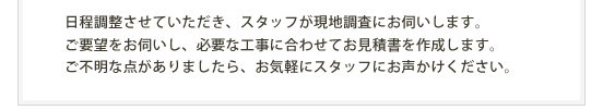 日程調整させていただき、スタッフが現地調査にお伺いします。ご要望をお伺いし、必要な工事に合わせてお見積書を作成します。ご不明な点がありましたら、お気軽にスタッフにお声かけください。